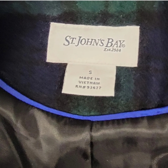 St John's Bay Wool Blend Peacoat Blue Green Plaid Size S Small Lined Pea Coat - Picture 4 of 12